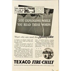 Texaco Fire Chief "That's Why Cars Need this Lightning Action" Vtg Print Ad 1936